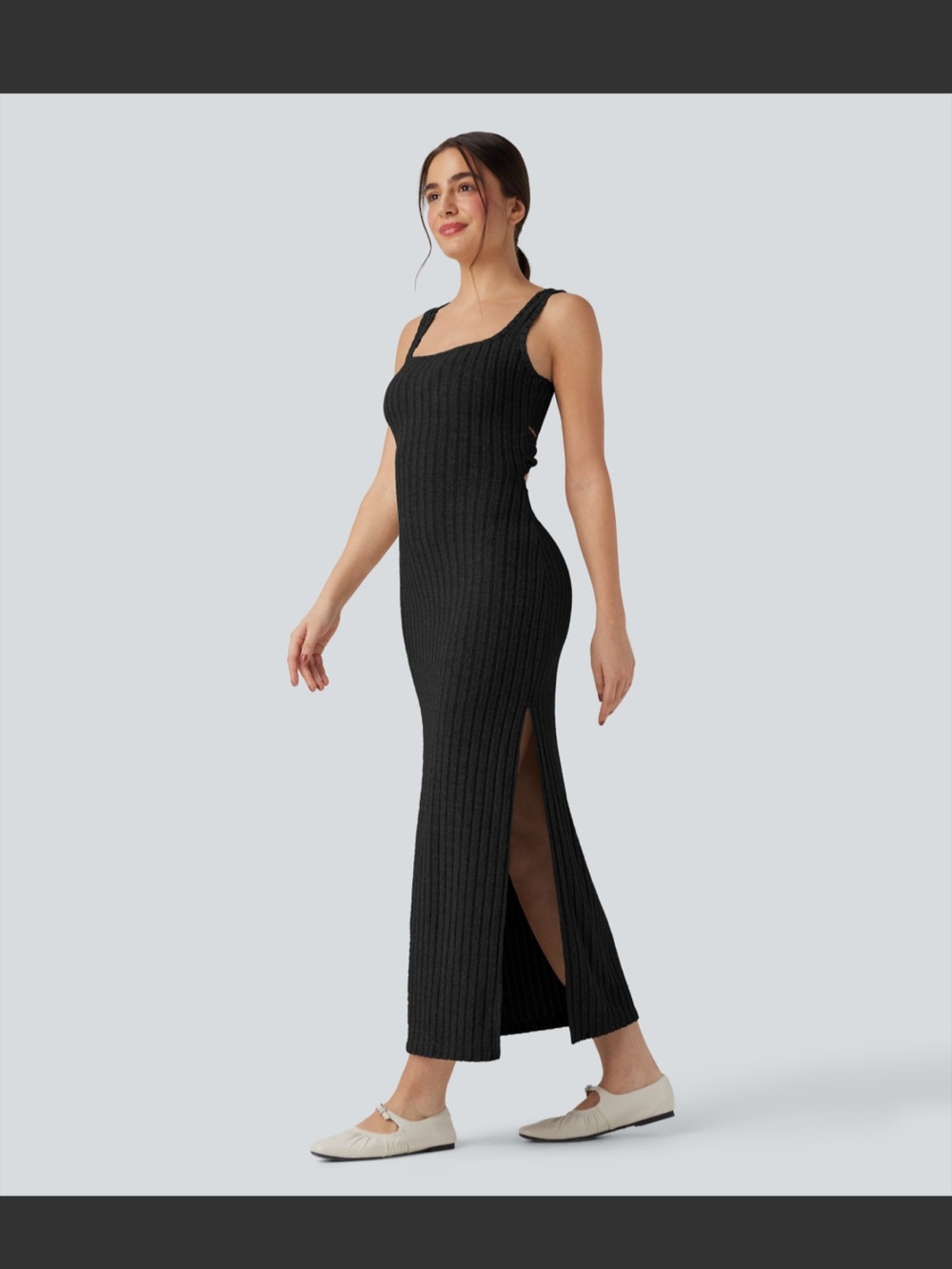 Ribbed Knit Square Neck Sleeveless Twist-back Split Casual Bodycon Maxi Dress